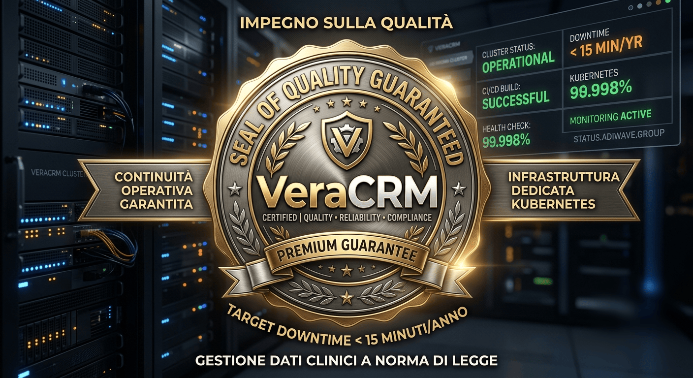 Sigillo di qualità VeraCRM: continuità operativa garantita, infrastruttura dedicata Kubernetes, target downtime inferiore a 15 minuti all’anno, gestione dei dati clinici a norma di legge.